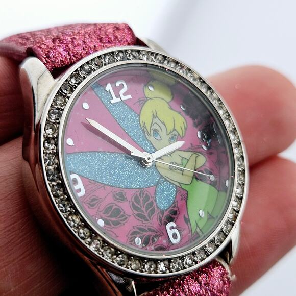 Disney Tinkerbell Fairy Girls Watch Rhinestone Bezel Pink Glitter Band Cutesy - Picture 3 of 7